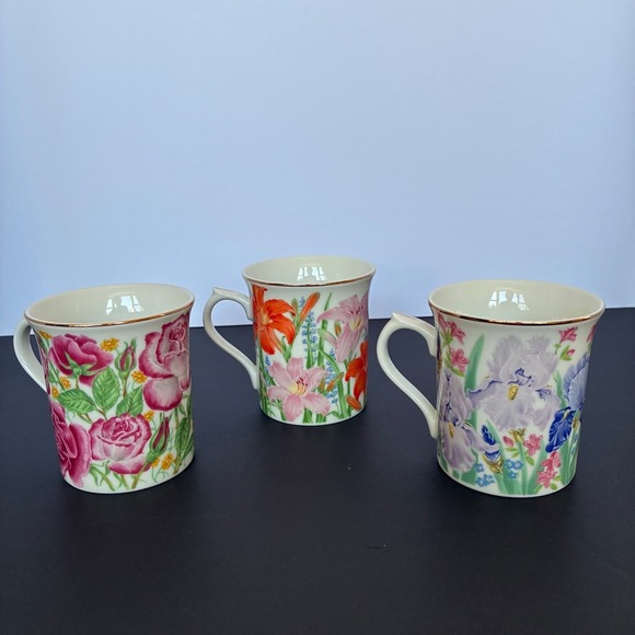 Lenox Other - Lenox Mug Set 3pc Flower Blossom Fine Porcelain Gold Trim 1995 Cottage Tea Party